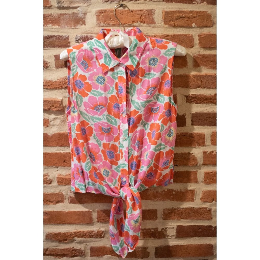 Theory Pink Michiko Maui Floral Print Tie Top